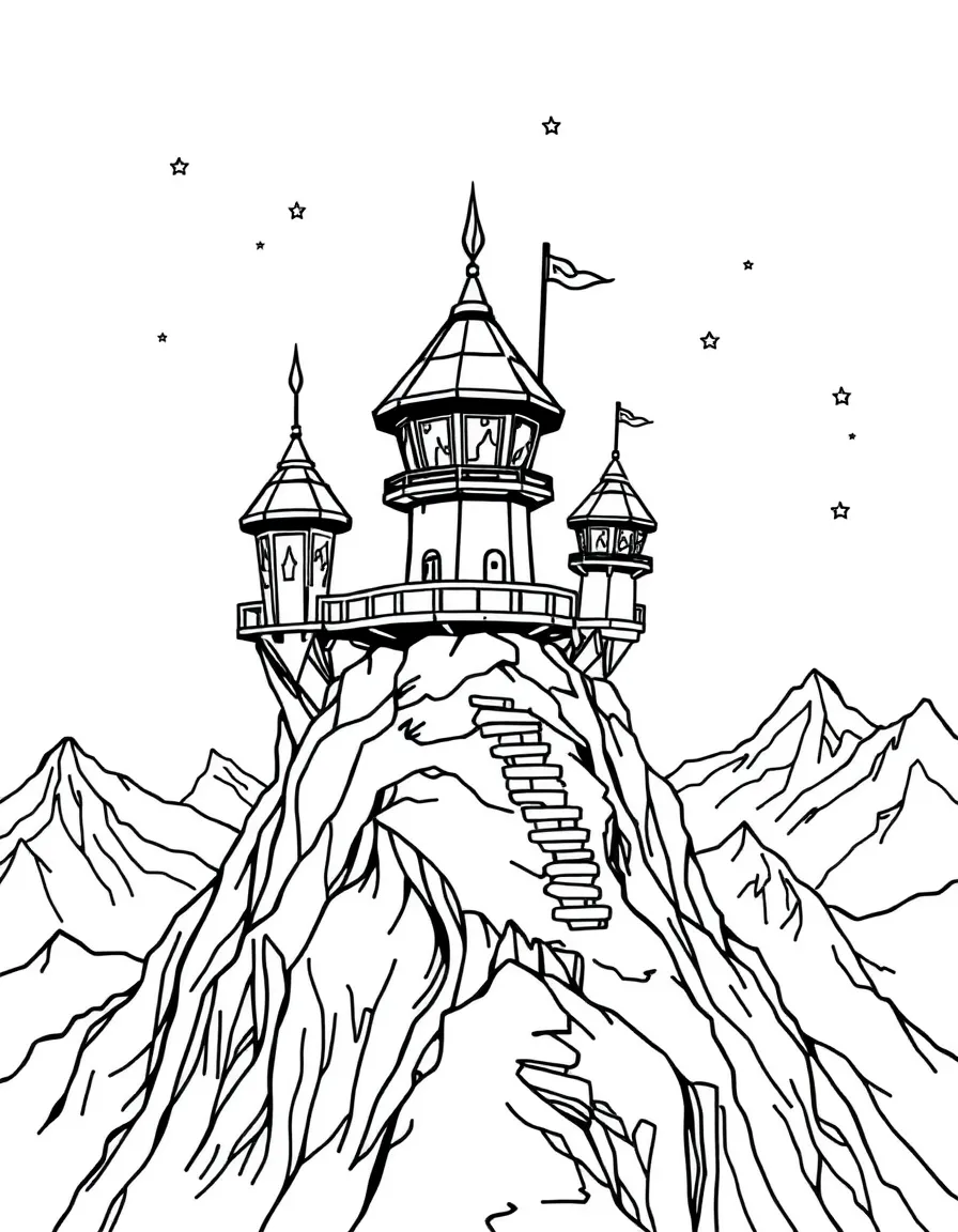 A fairy outpost on a mountain peak with crystal observation towers