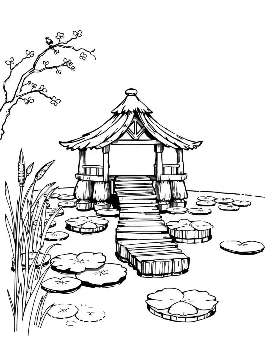 A fairy port on the edge of a pond with lily pad docks and reed piers