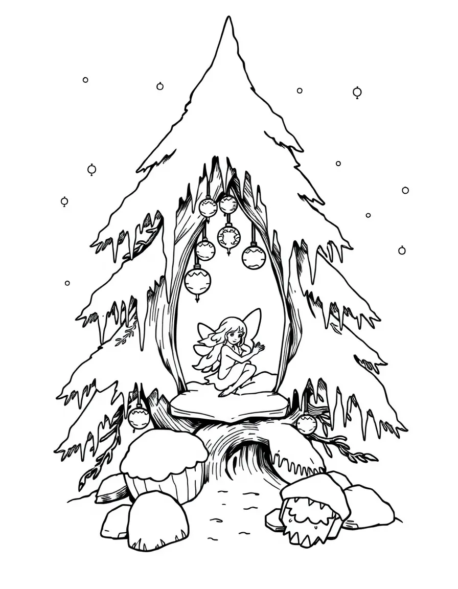 A fairy retreat in a snow-covered pine tree decorated with icicle ornaments