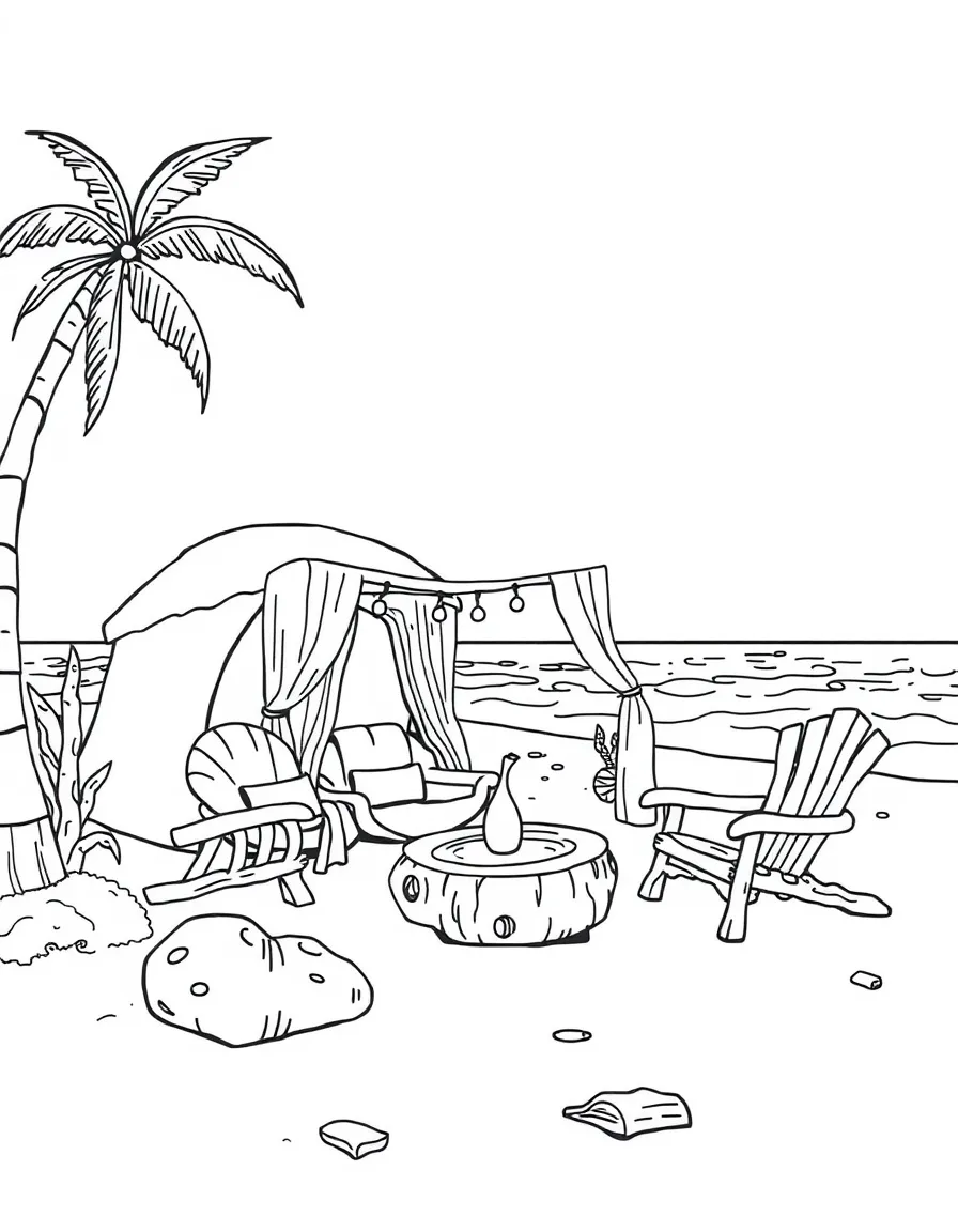 A fairy resort on a sandy beach with shell cabanas and driftwood furniture