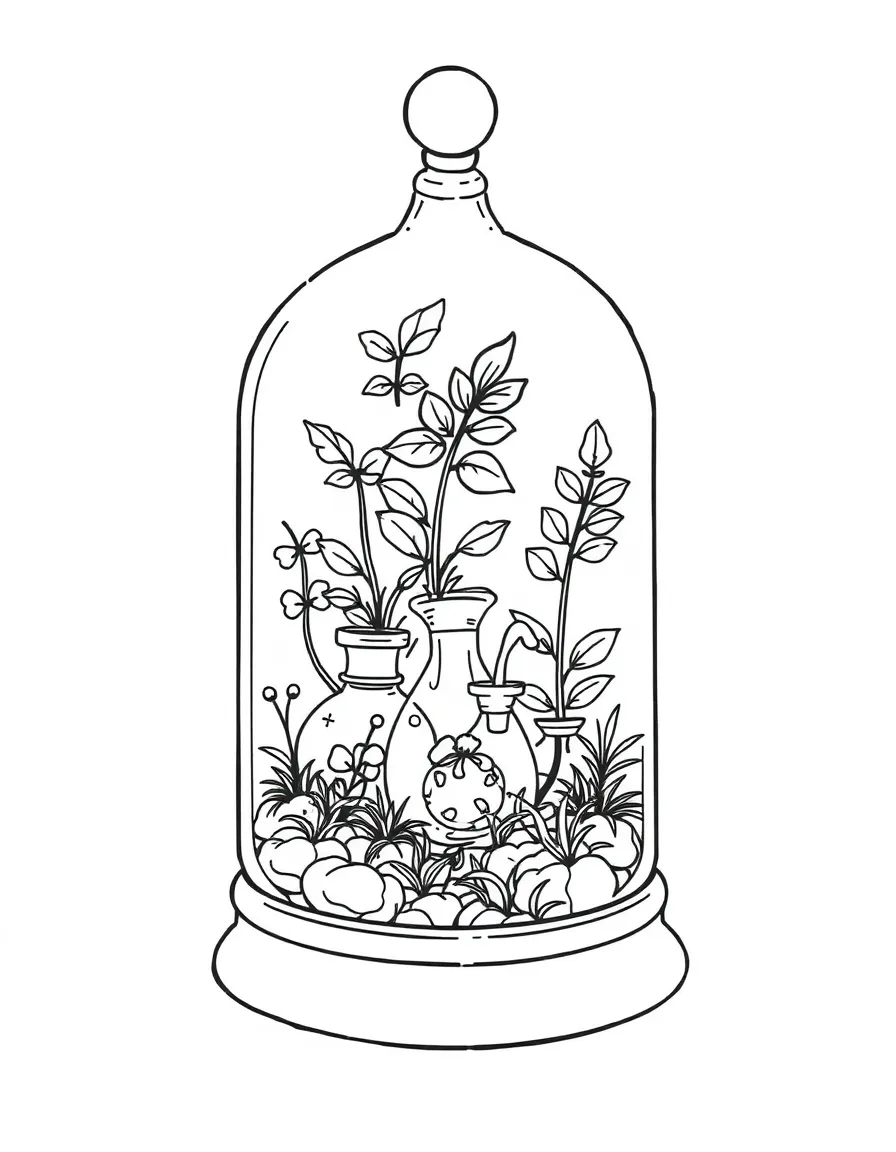 A fairy laboratory inside a bell jar filled with experimental plants