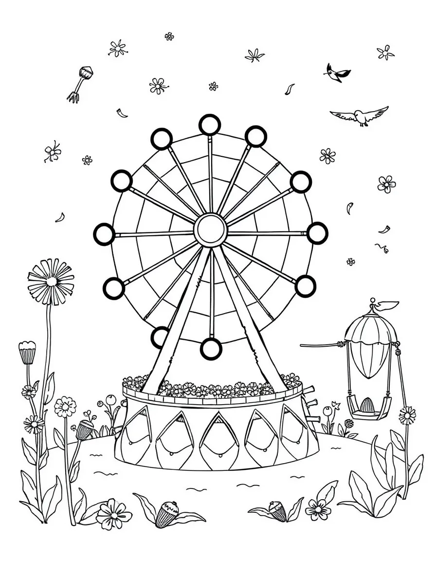 A fairy carnival with dandelion ferris wheels and acorn swing rides