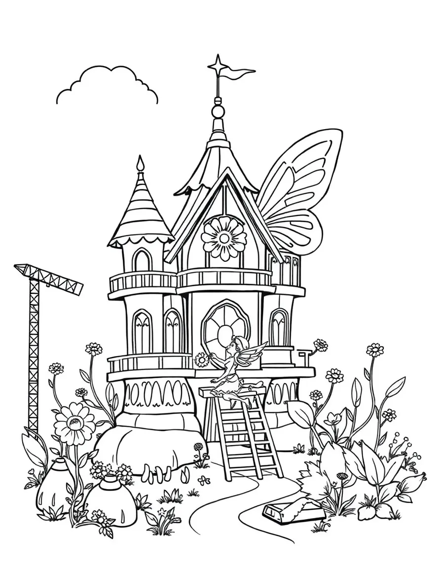 A fairy construction site building a new wing of a flower palace