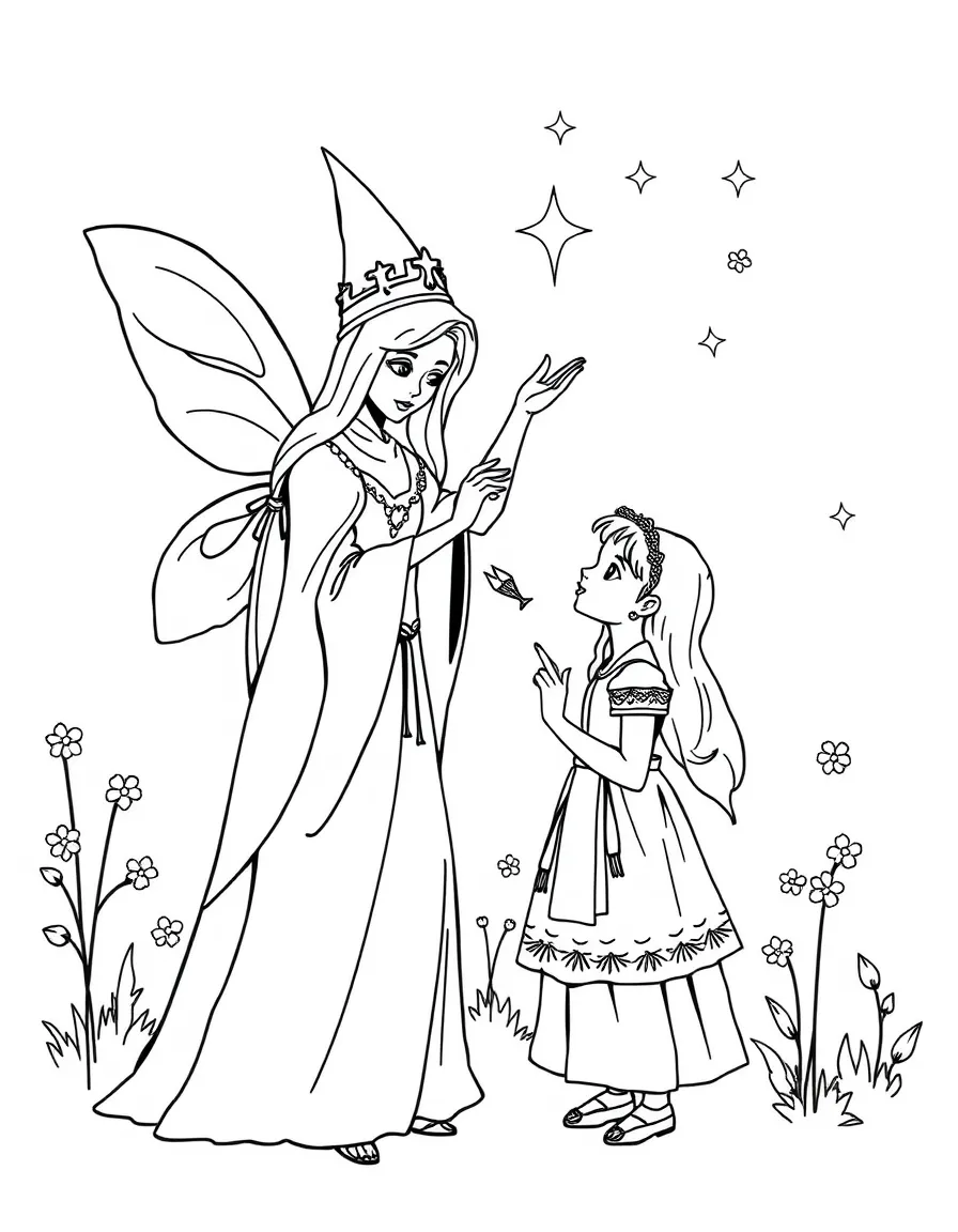 A fairy godmother granting wishes to a kind-hearted village maiden