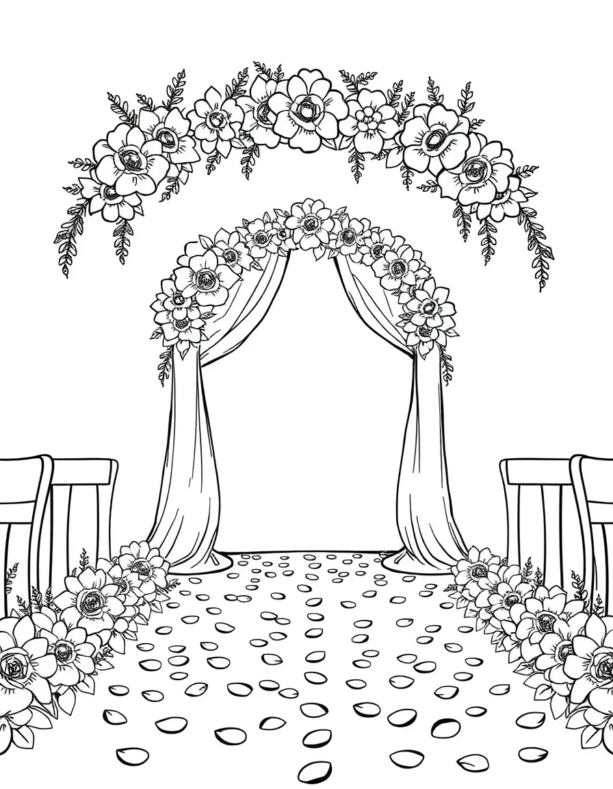 A fairy wedding ceremony with flower arch and petal-strewn aisle