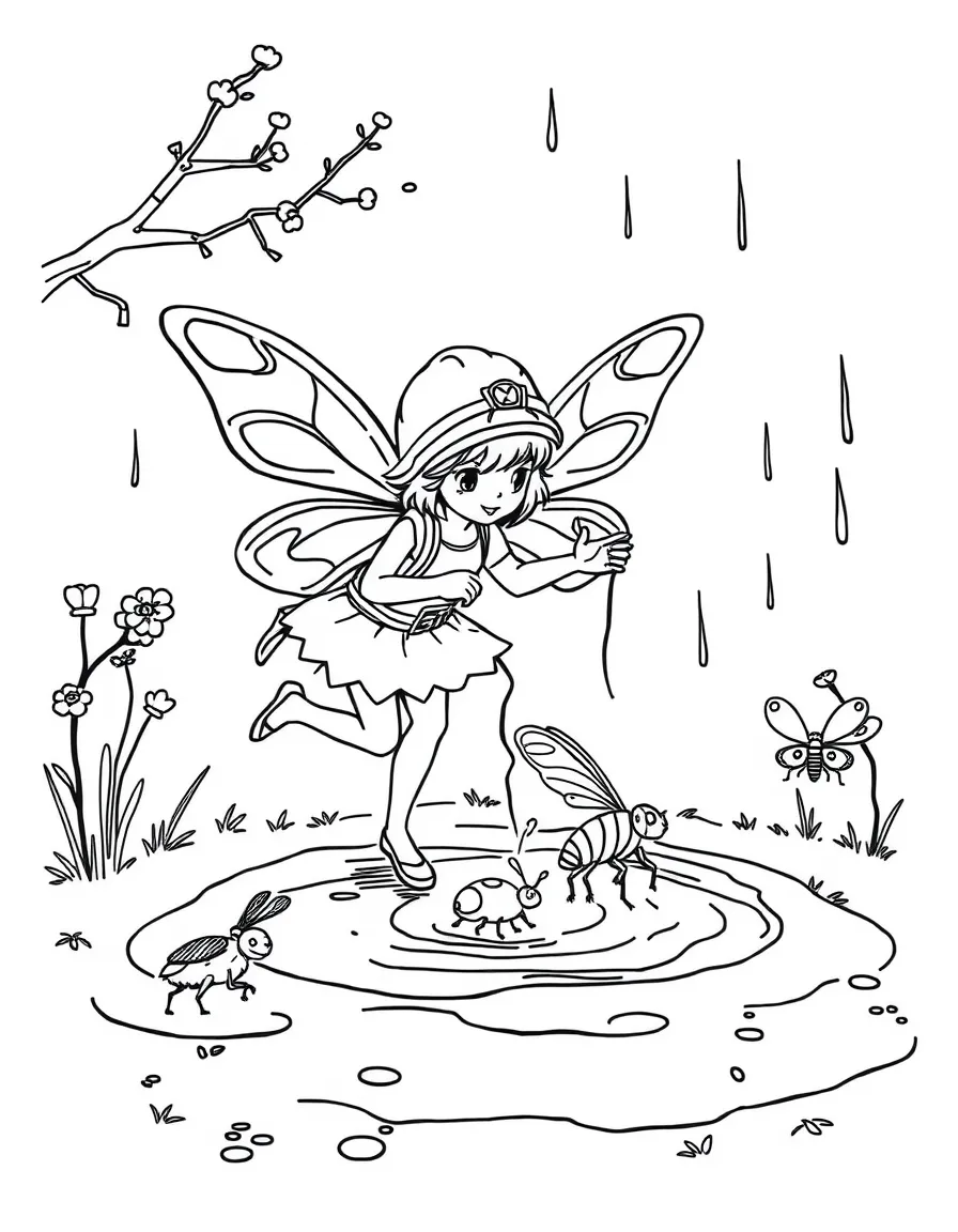 A fairy emergency response team rescuing insects from a puddle after rain