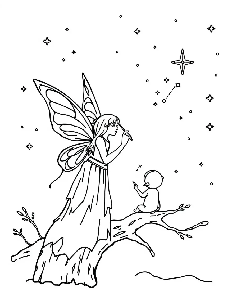 Fairy astronomers charting constellations on bark paper maps