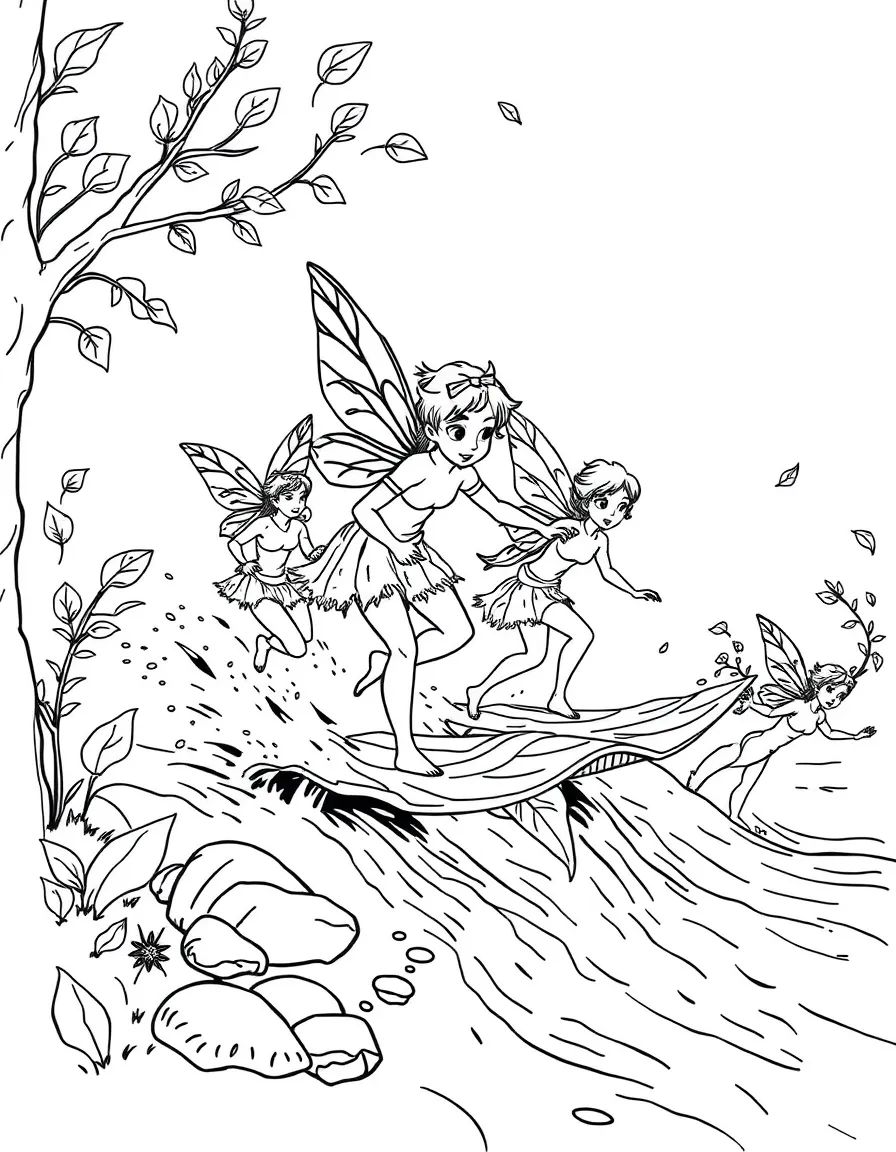 Fairy athletes competing in leaf surfing competitions down a stream