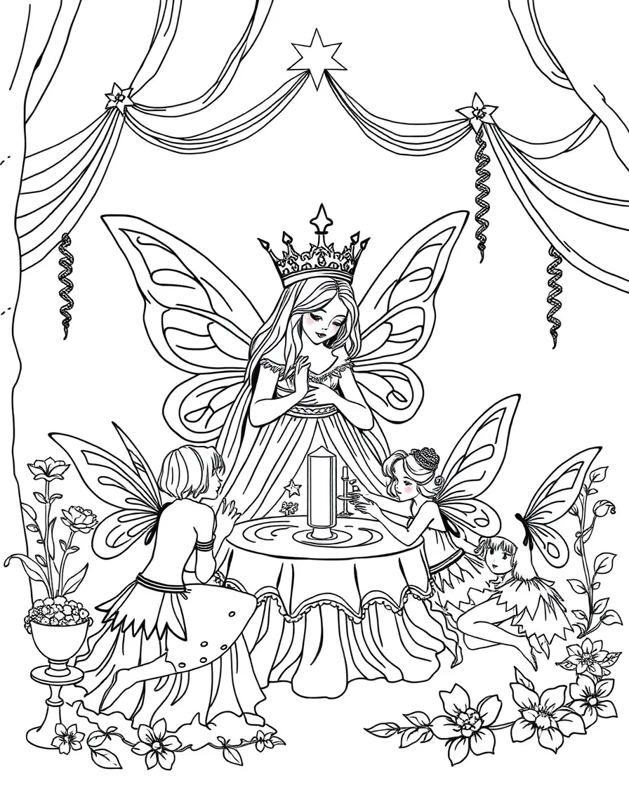 Fairies preparing for the arrival of the fairy queen with elaborate decorations