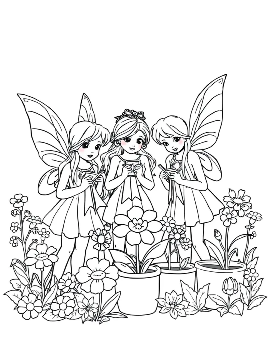 Fairy gardeners judging a flower growing competition with prize ribbons