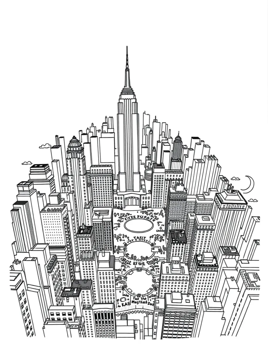 A bird's eye view of Manhattan with detailed skyscrapers and Central Park