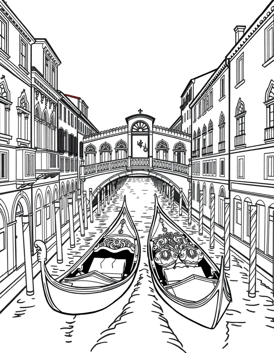 The canals of Venice with ornate bridge designs and decorative gondolas