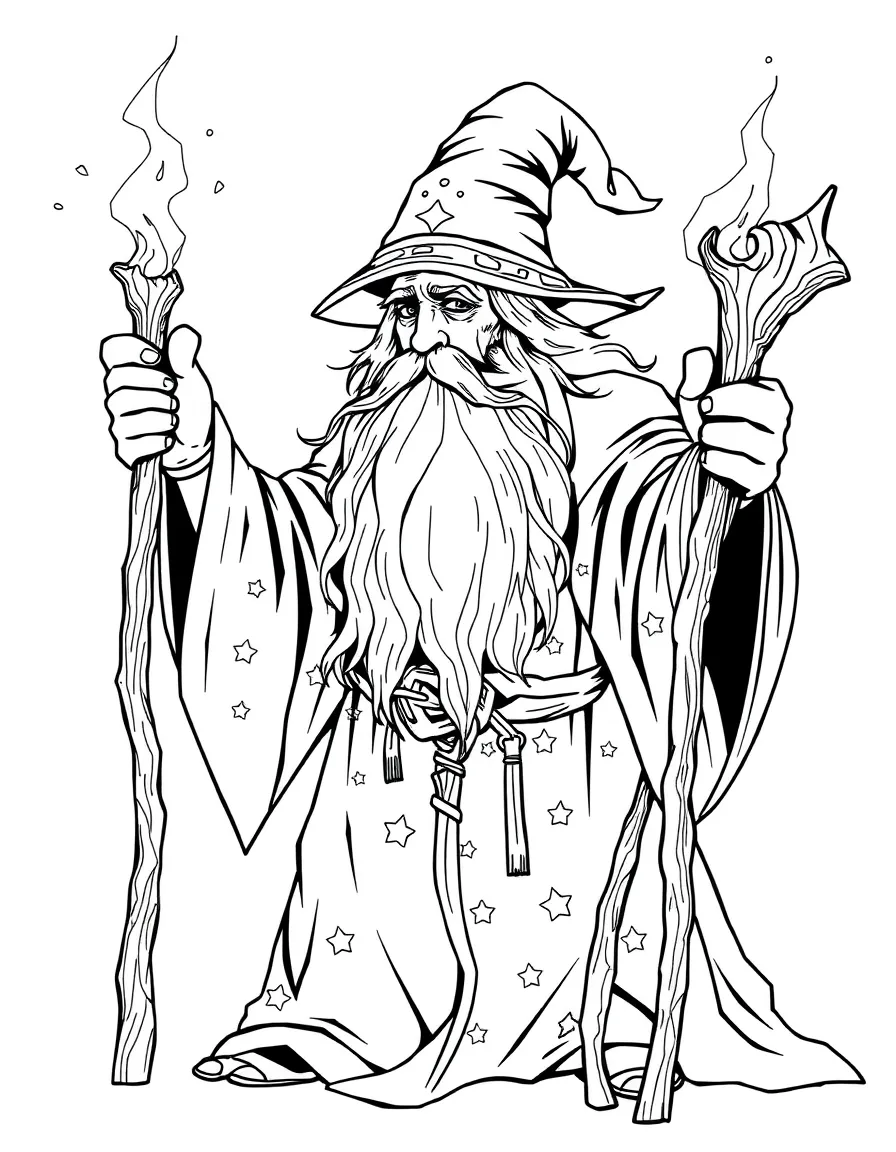 An ancient wizard with a flowing beard and star-patterned robes casting a spell with his gnarled staff