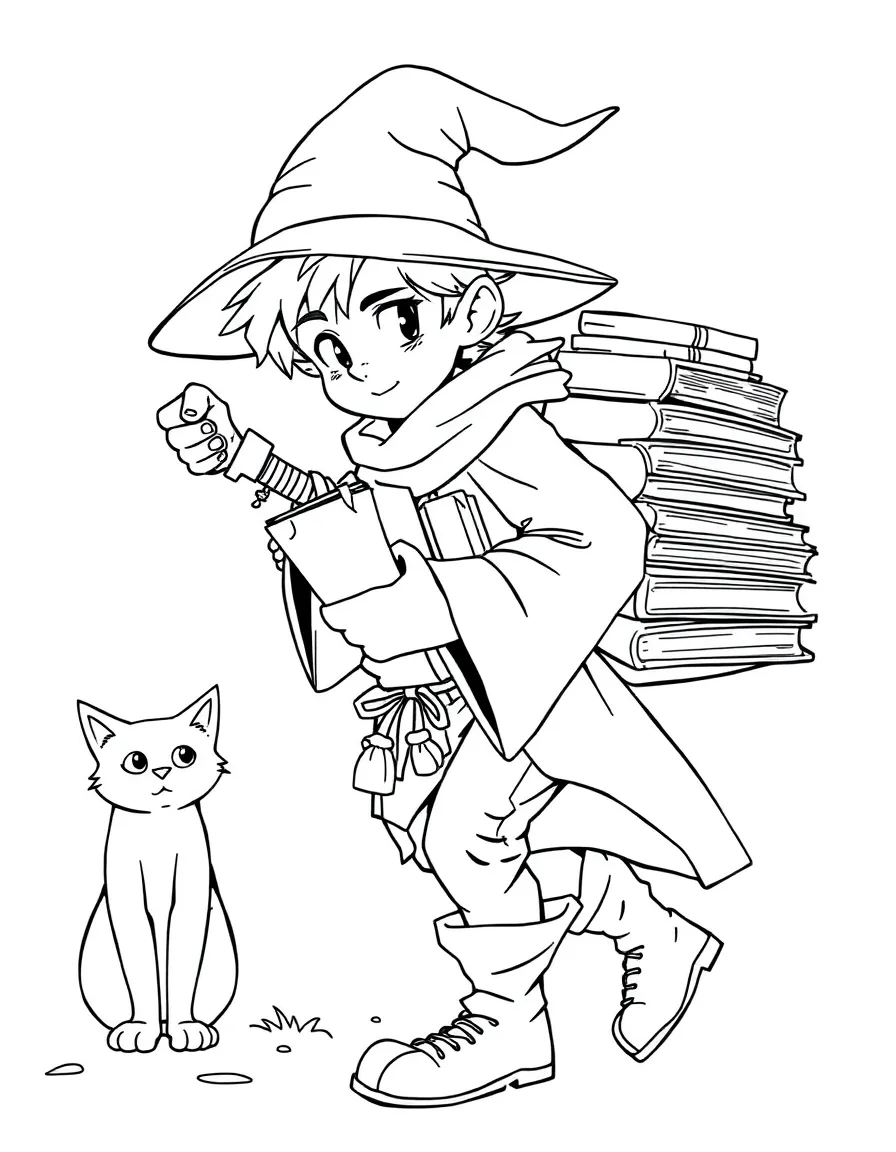 A young apprentice wizard struggling to carry too many spell books while his cat familiar watches amused
