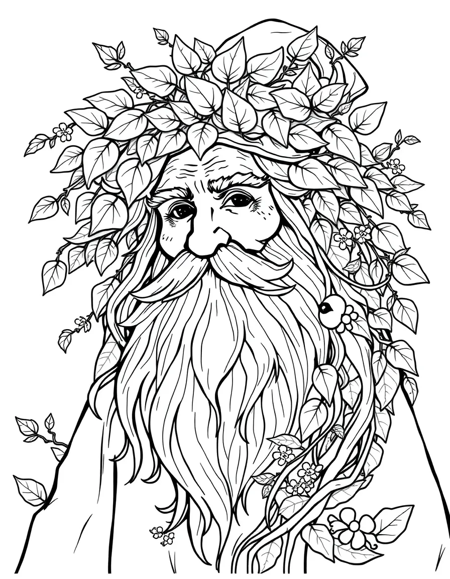 A wise forest wizard whose hair and beard are intertwined with leaves and small woodland creatures