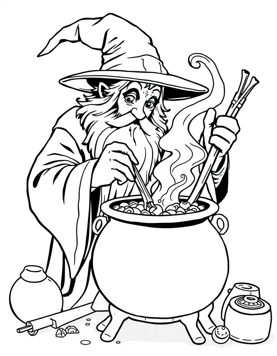 A potion master wizard carefully adding ingredients to a bubbling cauldron