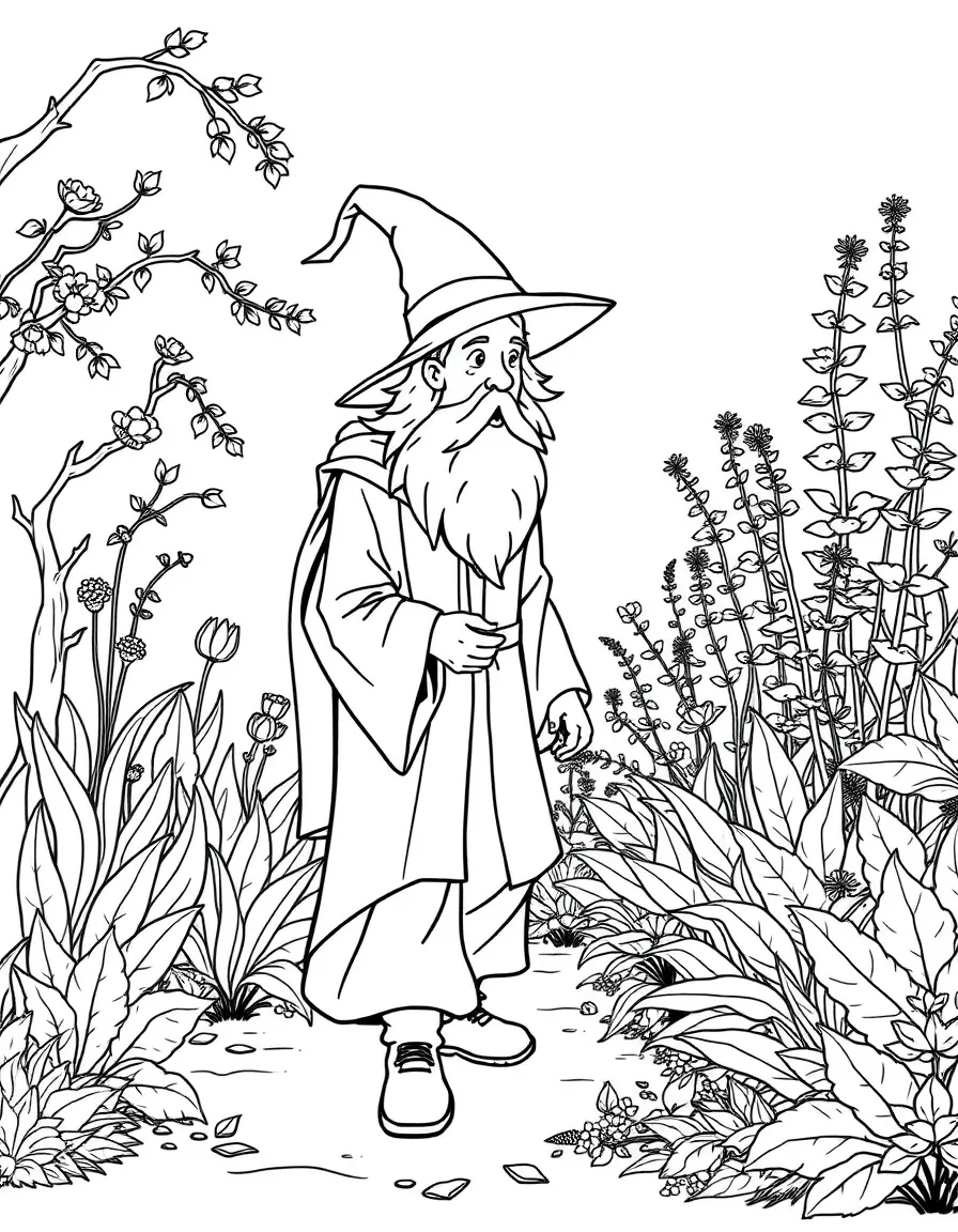 A wizard gardener tending to plants that change seasons as he walks past them