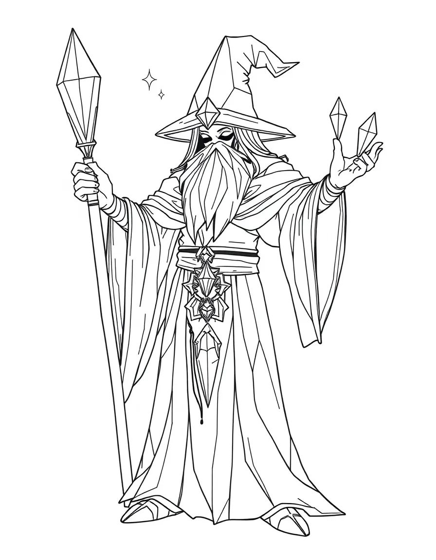 A crystal wizard whose body is partially transformed into geometric gemstones