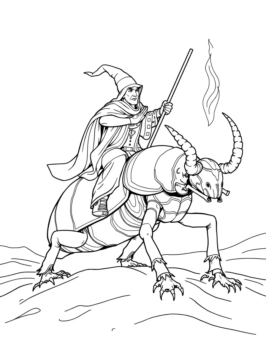 A desert wizard riding a giant scarab beetle and conjuring sand sculptures