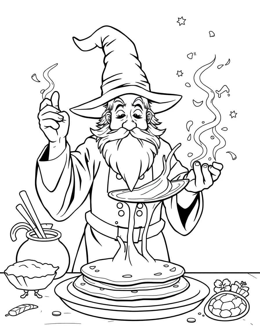 A wizard chef making pancakes flip themselves while magic spices dance in the air