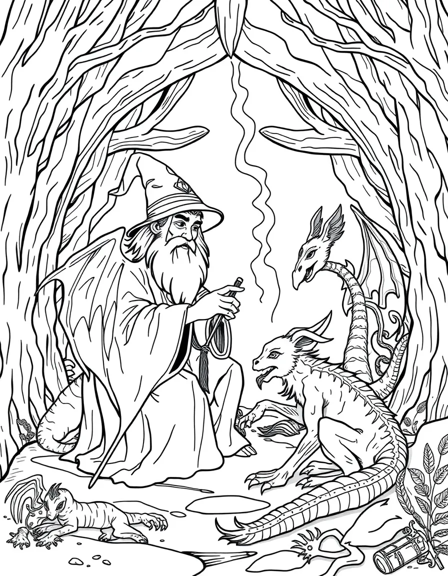 A healing wizard tending to injured mythical creatures in a sanctuary