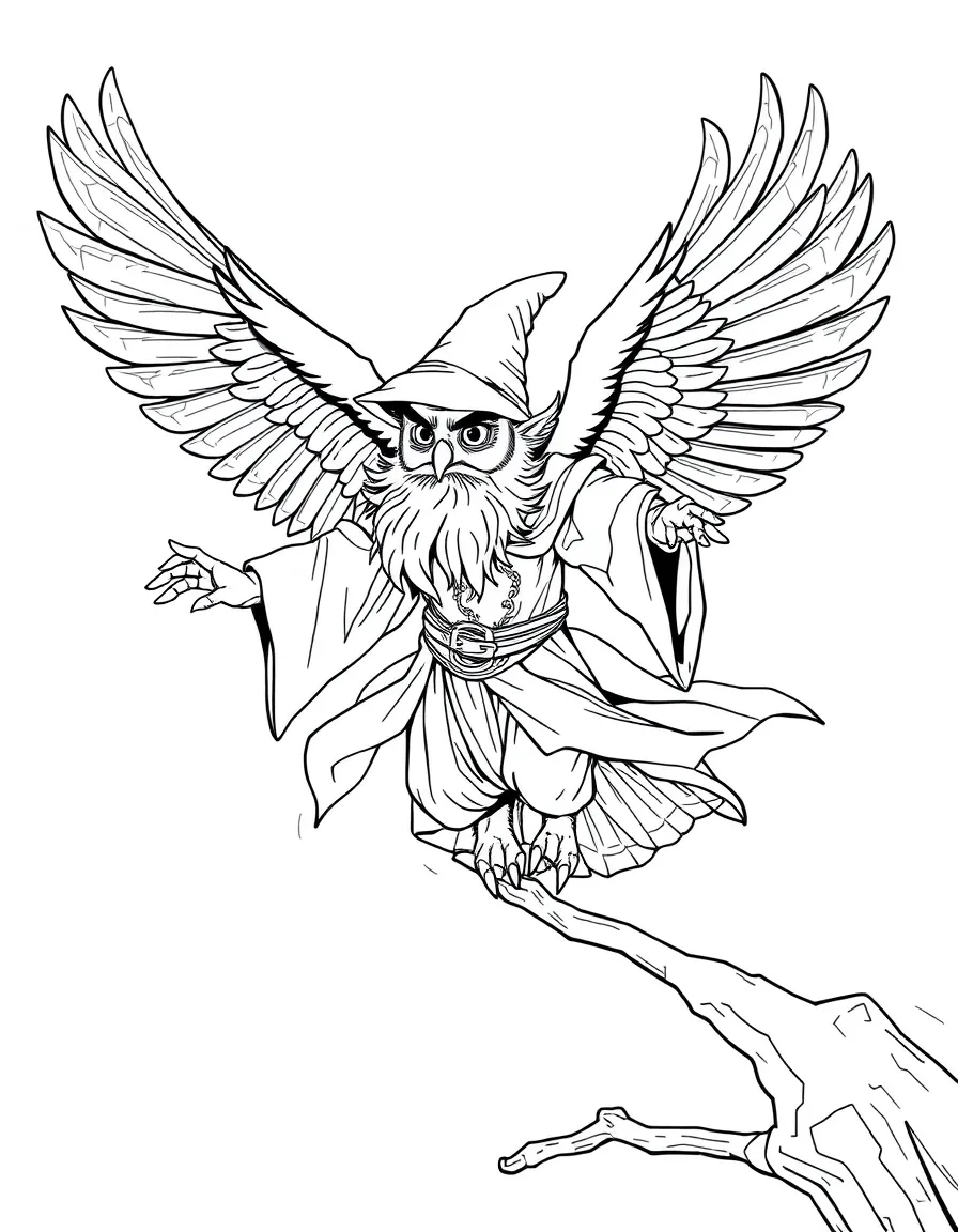 A shapeshifting wizard transforming from human to owl mid-flight