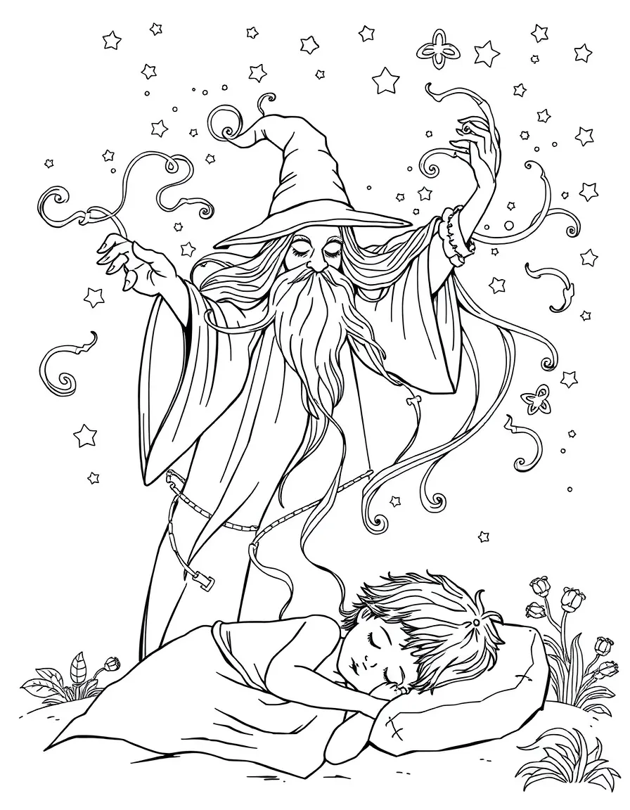A dream wizard weaving colorful threads of imagination above a sleeping child
