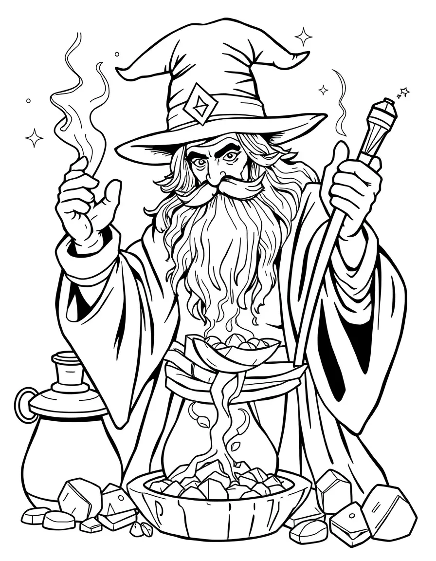 An alchemist wizard transforming base metals to gold with a magical touch