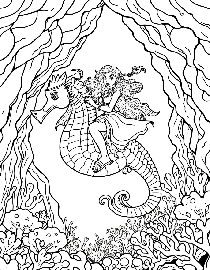 A sea witch with seaweed hair riding a giant seahorse through coral caves