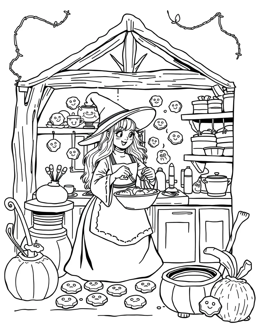 A cottage witch baking magical cookies that float around her kitchen