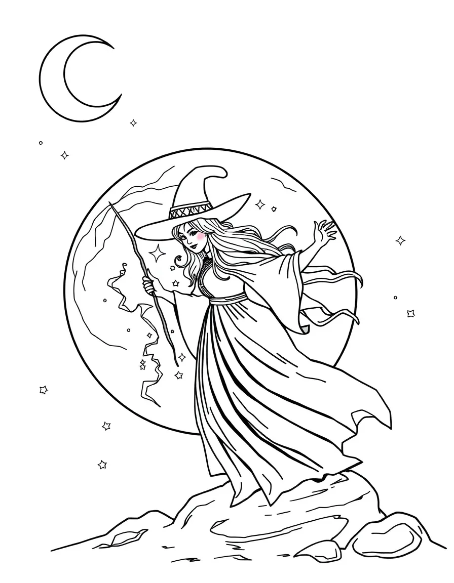 A moon witch drawing down lunar power with her crescent wand