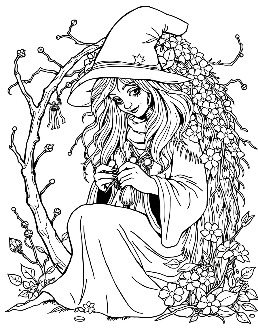 A hedge witch weaving protective charms from twigs and flowers