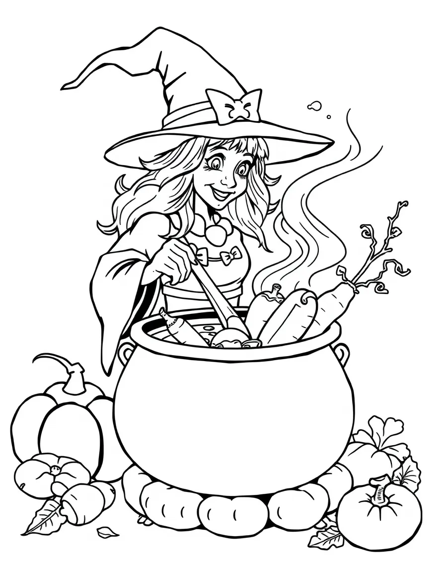 A kitchen witch stirring a cauldron of soup where vegetable shapes dance