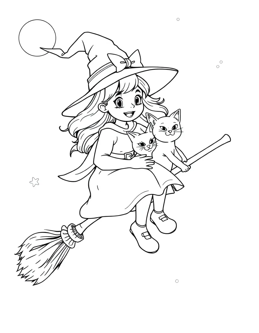 A young witch on her first broomstick flying lesson with her cat clinging fearfully