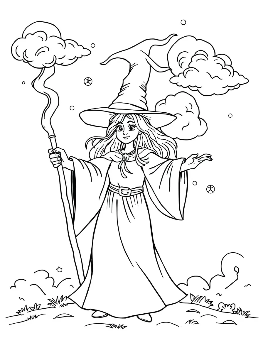A weather witch conducting storm clouds with her staff like an orchestra