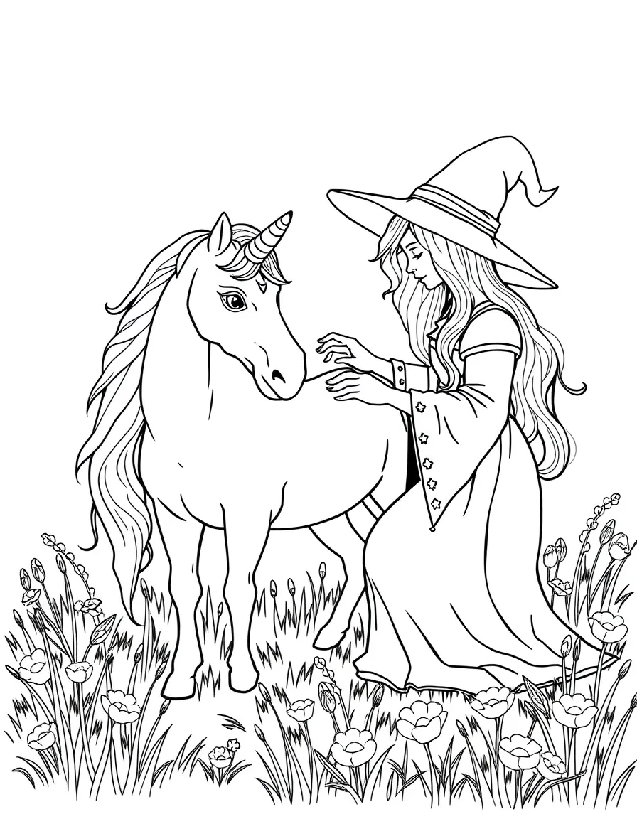 A healing witch tending to a wounded unicorn in a meadow