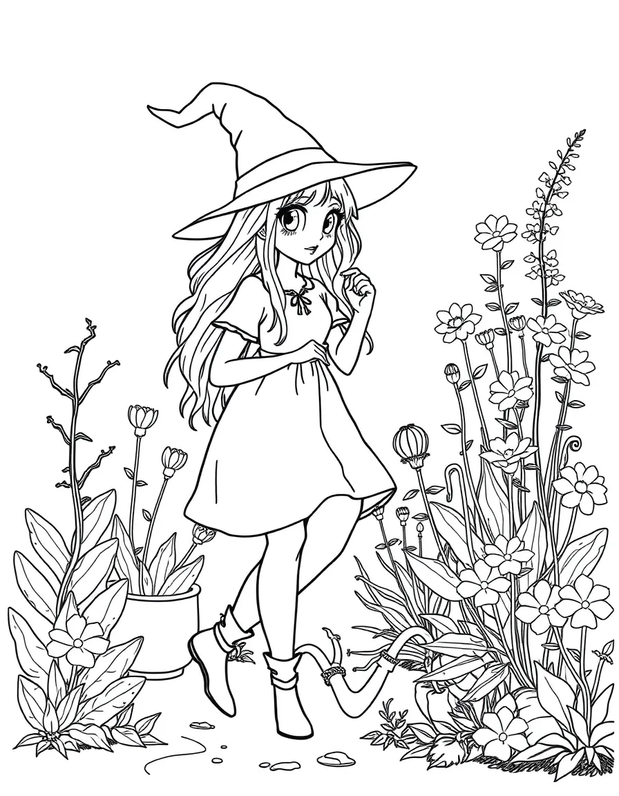 A witch gardener whose plants grow and bloom as she walks past