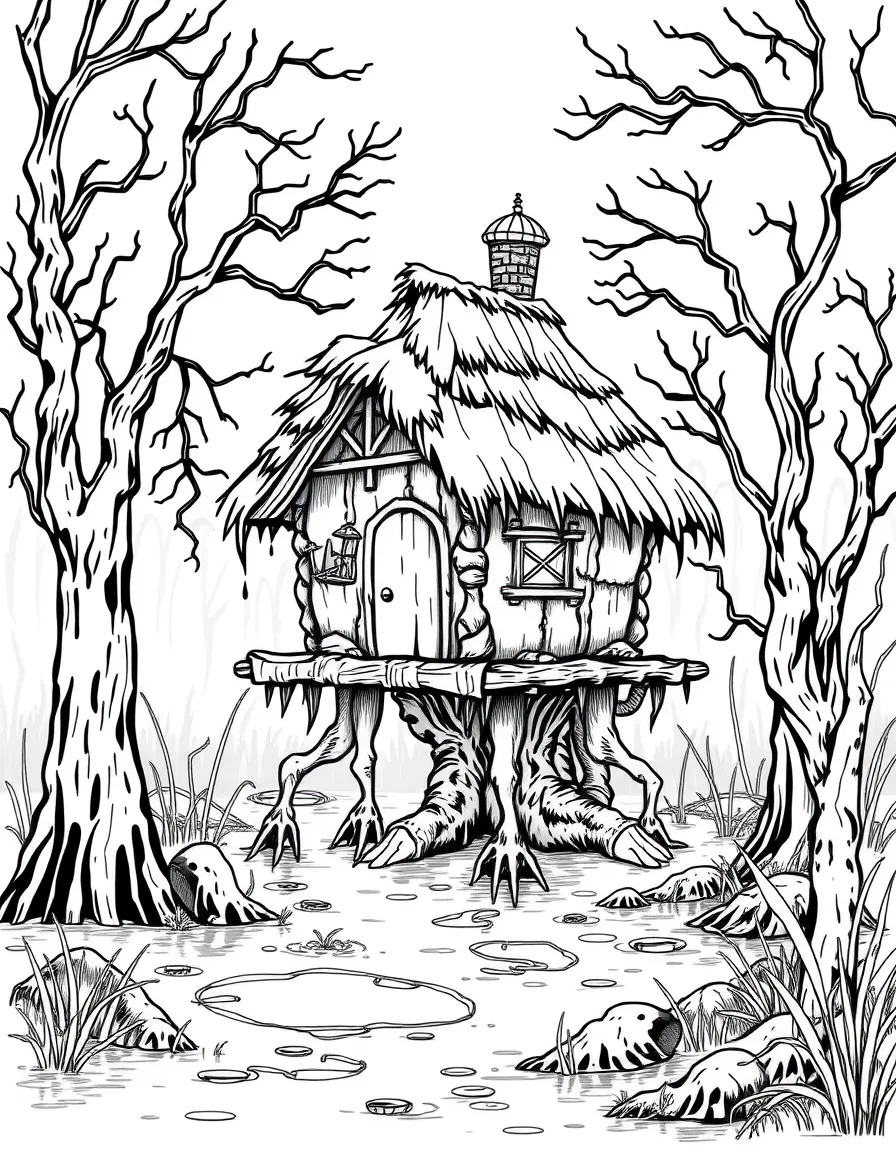 A swamp witch whose hut stands on chicken legs in a misty bog