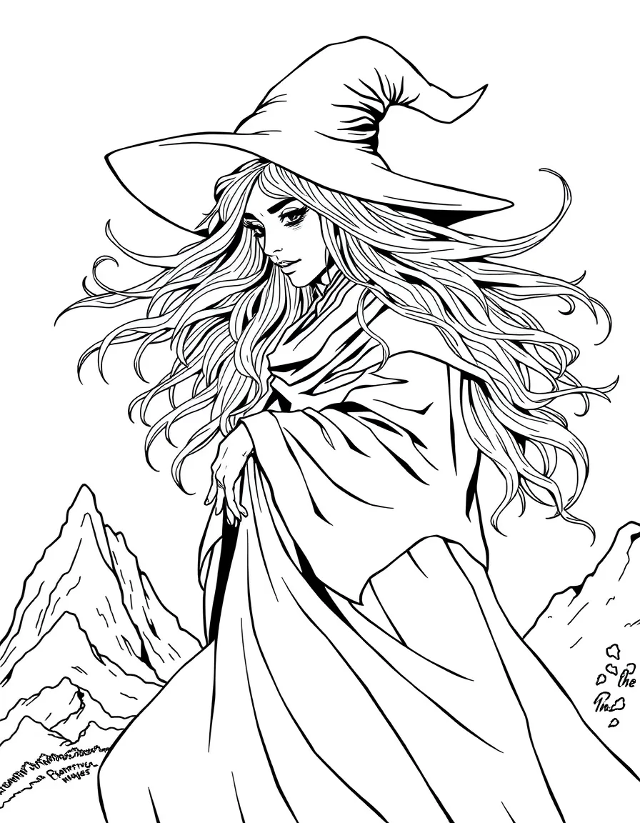 A mountain witch whose hair and clothes billow as if in constant wind