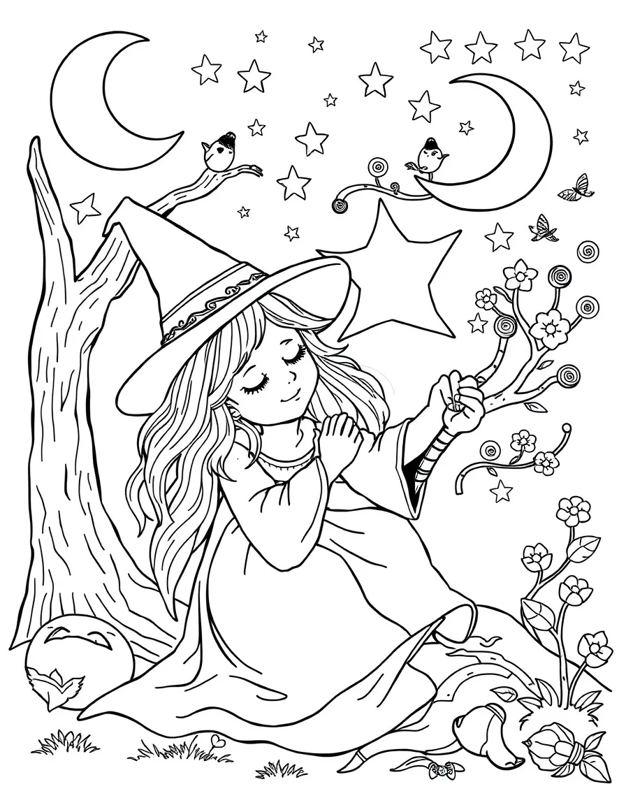 A dream witch weaving good dreams into a sleeping child's mind