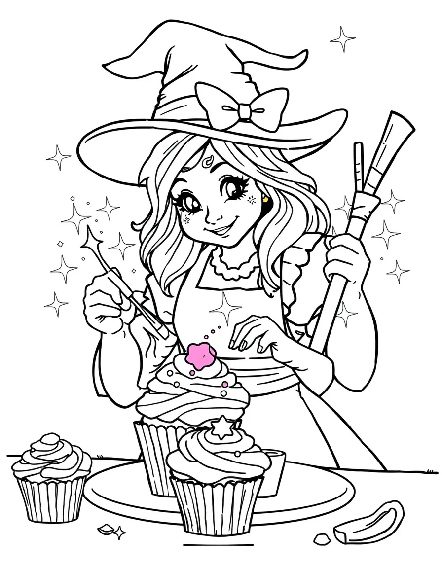 A witch baker decorating cupcakes that sparkle and change colors