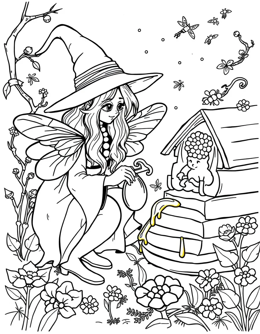 A bee witch tending to enchanted hives that produce rainbow honey