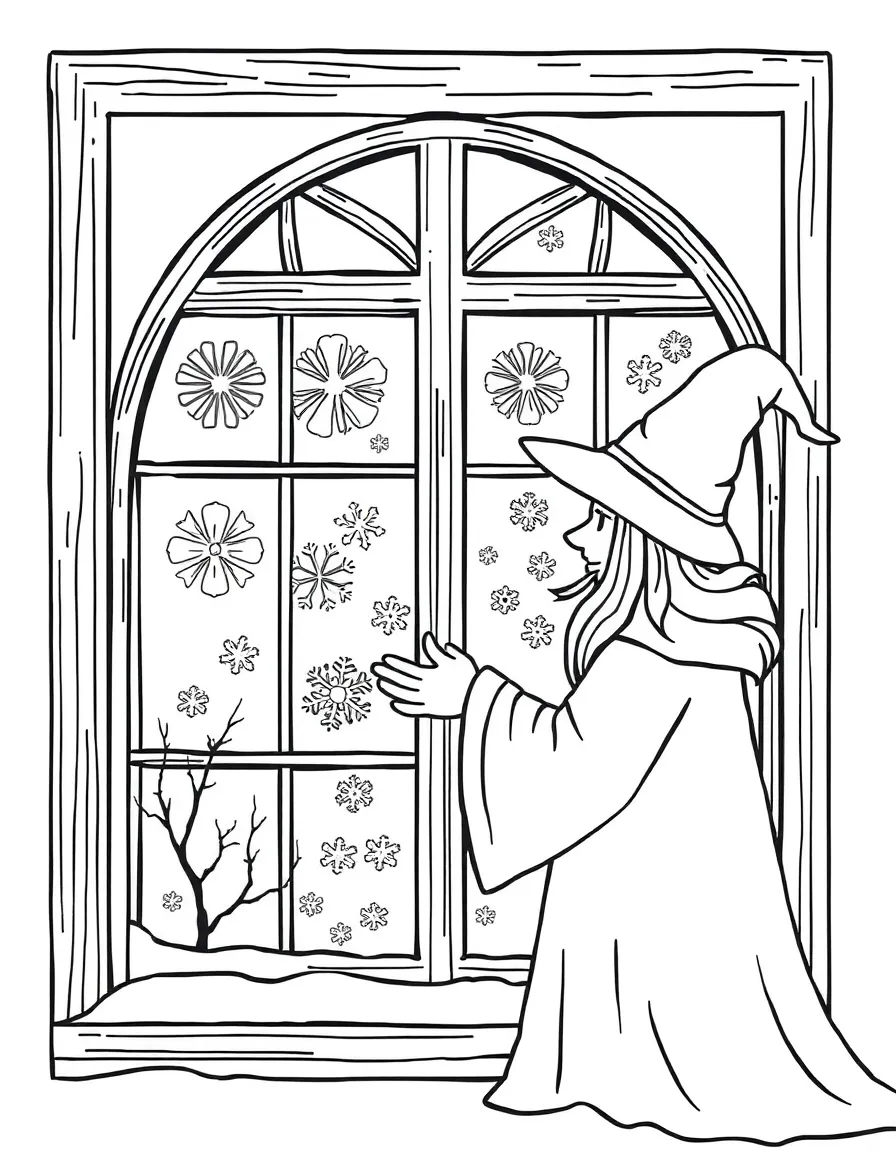 A winter witch creating delicate frost patterns on window panes