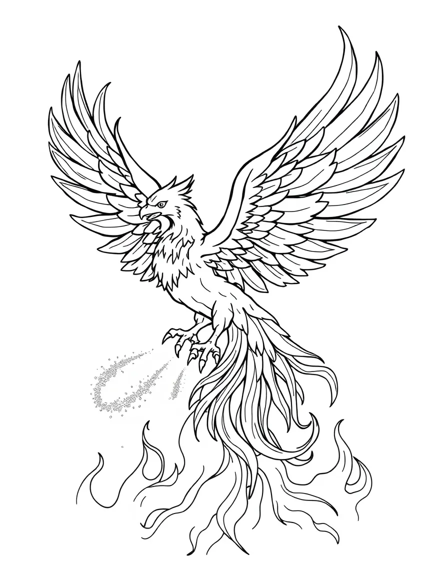 A phoenix rising from colorful flames with sparks trailing from its wings
