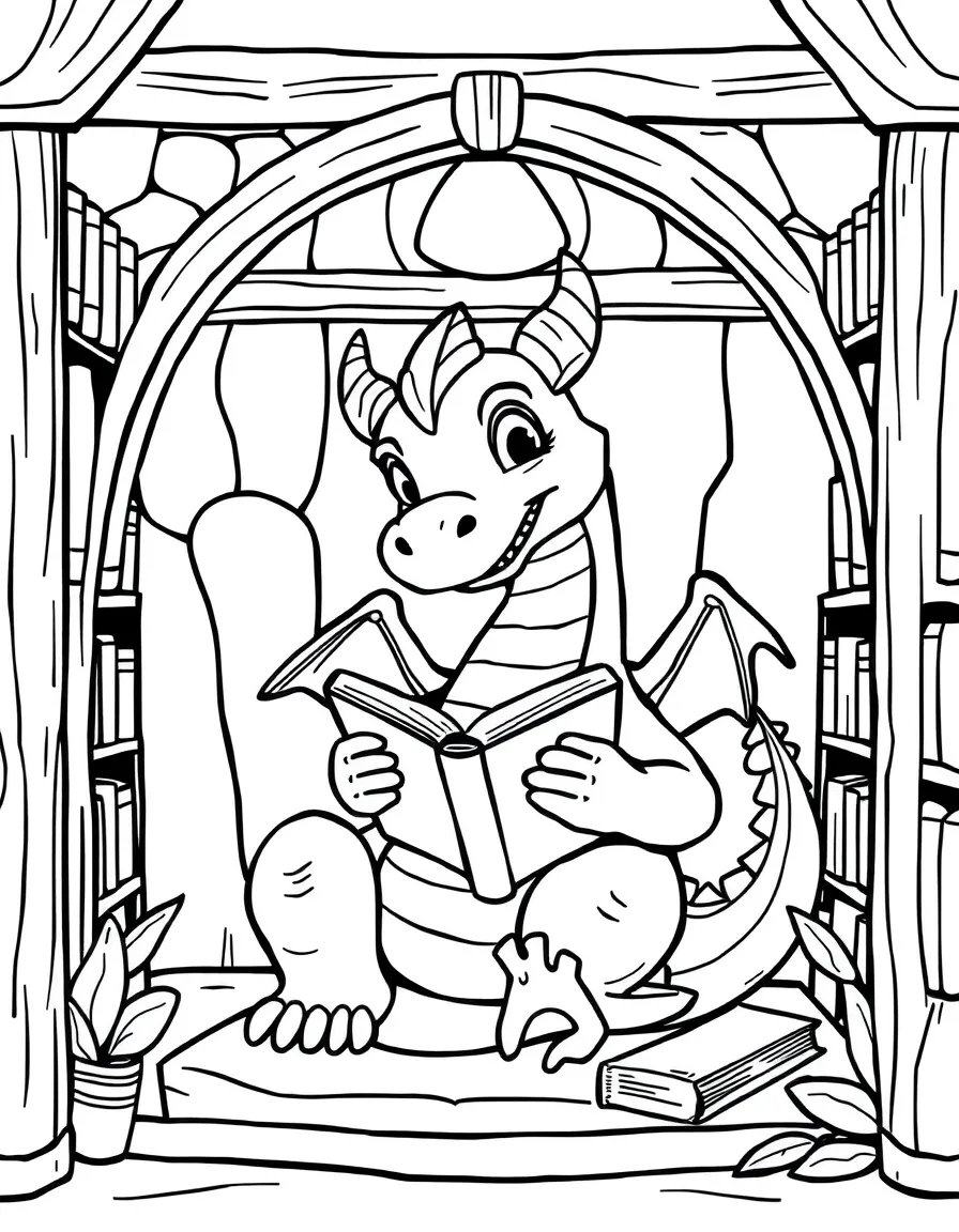 A friendly dragon reading a book in a cozy library nook