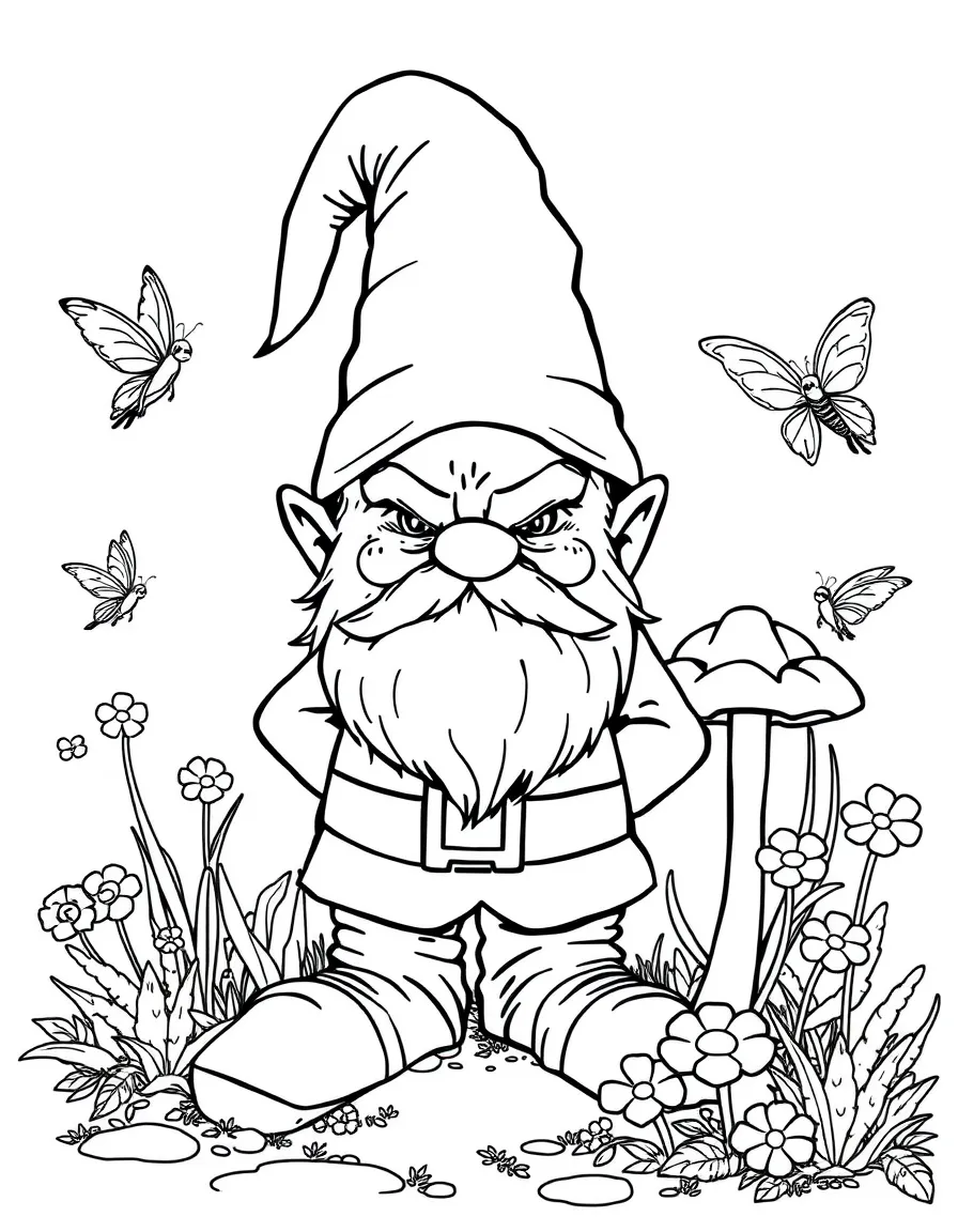 A grumpy gnome guarding his mushroom garden from mischievous fairies