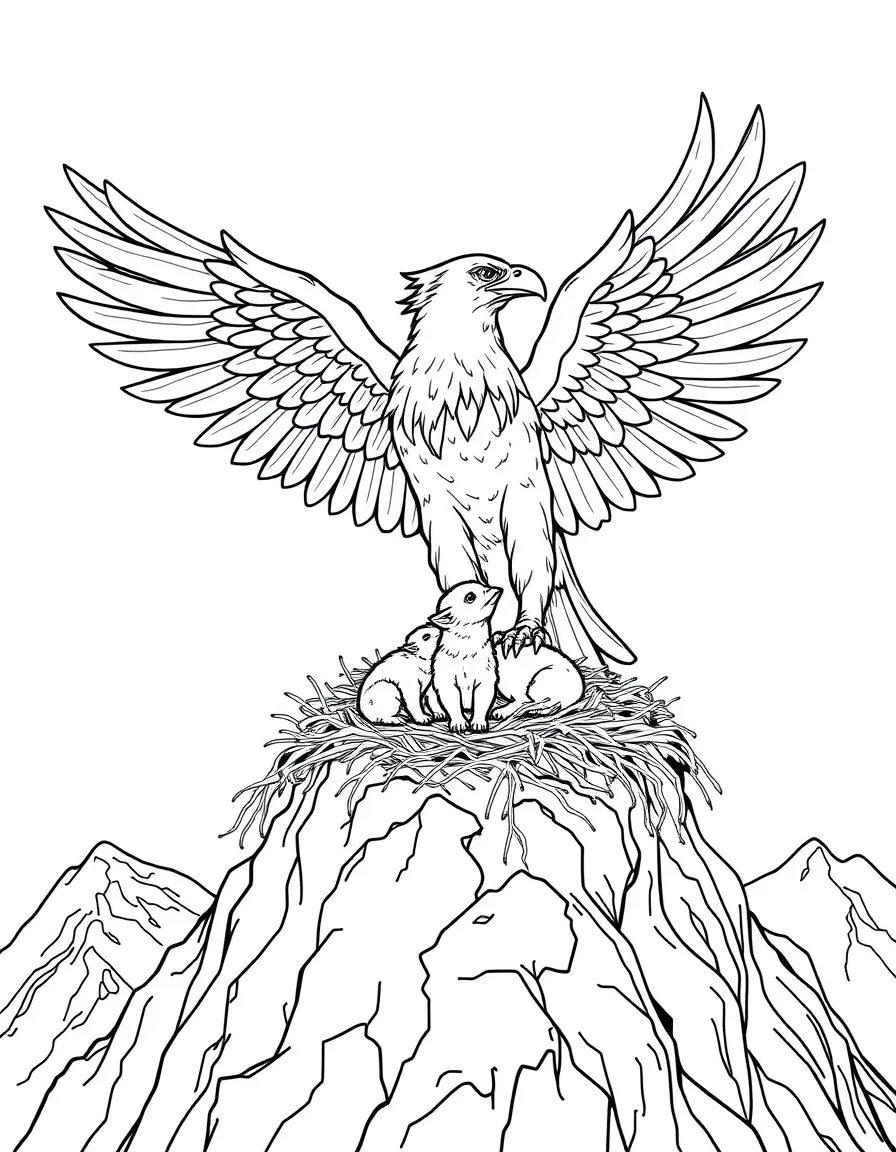 A griffin nesting on a mountain peak with its cubs