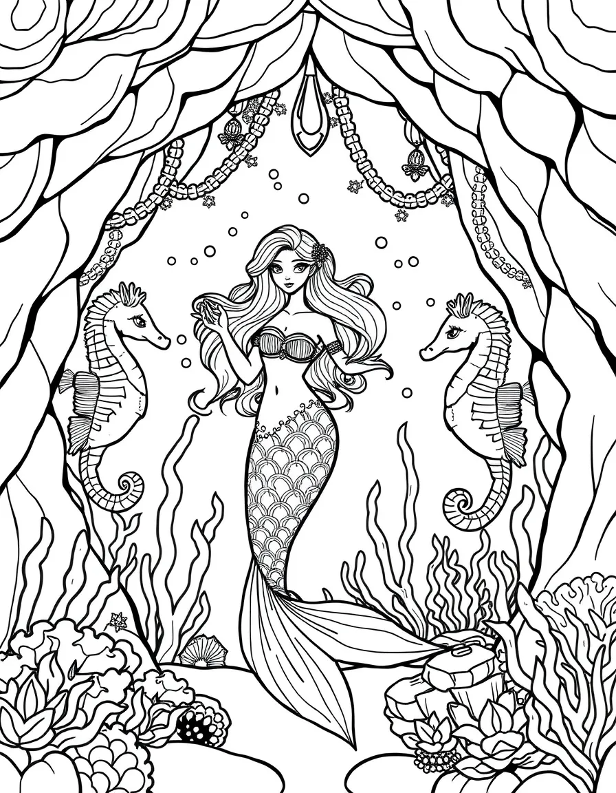 A mermaid and her seahorse friends decorating an underwater grotto
