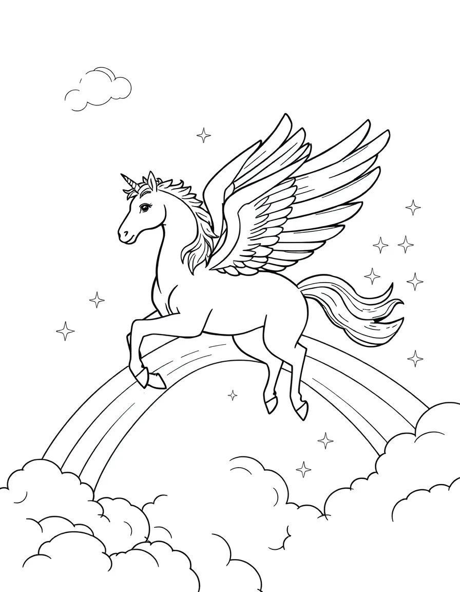 A pegasus soaring through clouds trailing rainbow sparkles