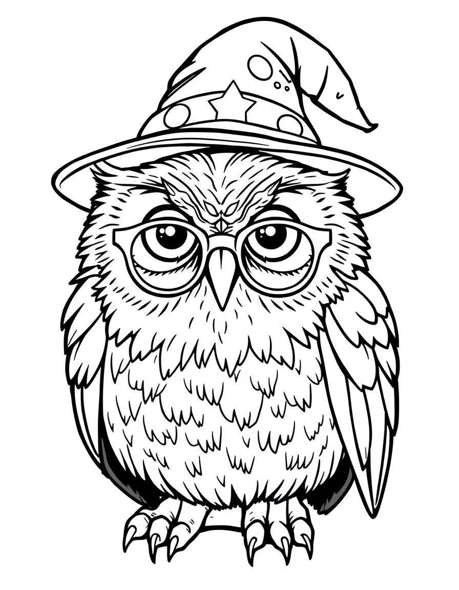 A wise old owl wearing tiny spectacles and a wizard's hat